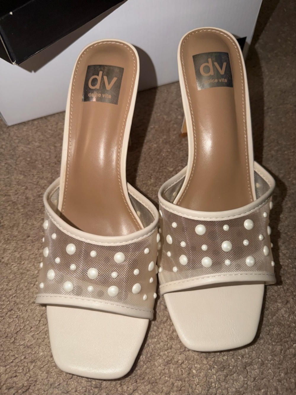 DV by Dolce Vita Cream Mesh Slide Heels with Pearl Studs